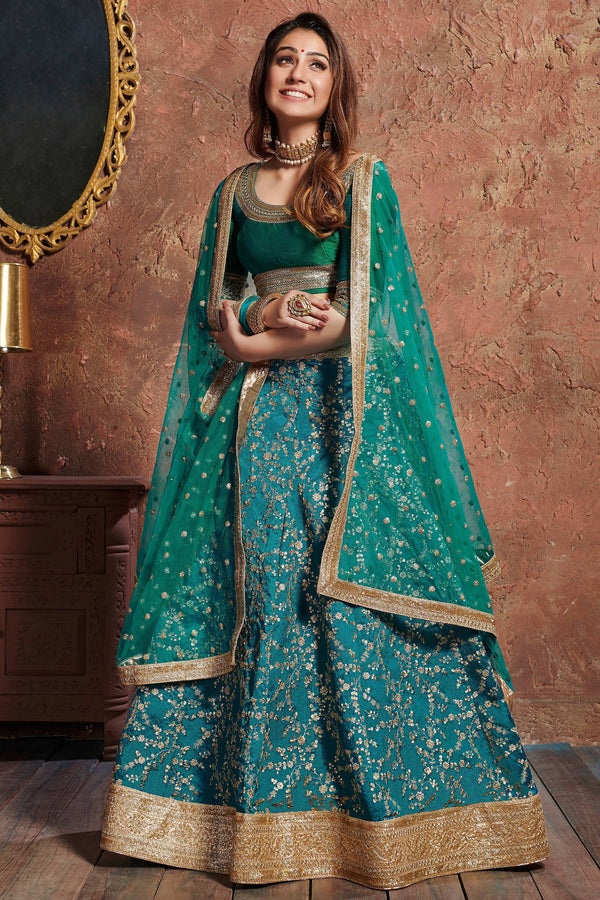 Charming Teal Green Sequins Embroidered Art Silk Wedding Lehenga Choli ClothsVilla