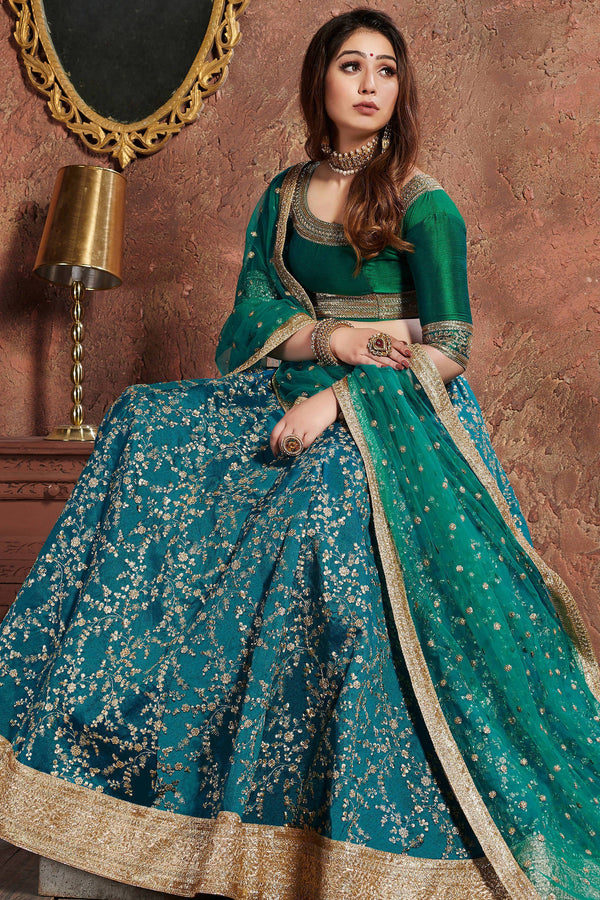 Charming Teal Green Sequins Embroidered Art Silk Wedding Lehenga Choli ClothsVilla