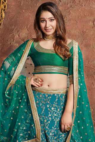 Charming Teal Green Sequins Embroidered Art Silk Wedding Lehenga Choli ClothsVilla