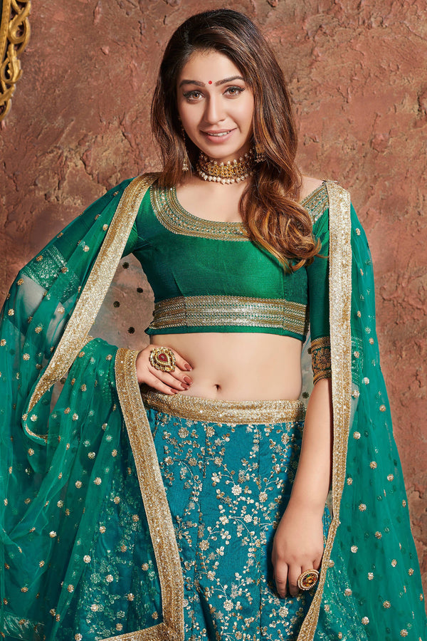 Charming Teal Green Sequins Embroidered Art Silk Wedding Lehenga Choli ClothsVilla