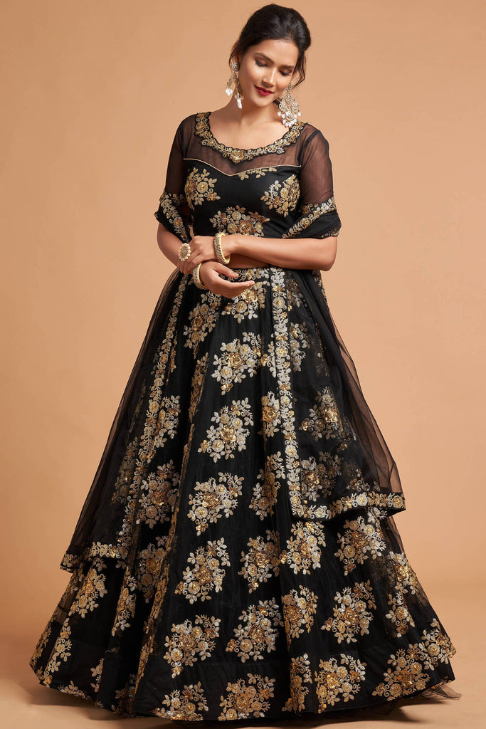 Charming Black Zari Embroidered Net Wedding Wear Lehenga Choli ClothsVilla