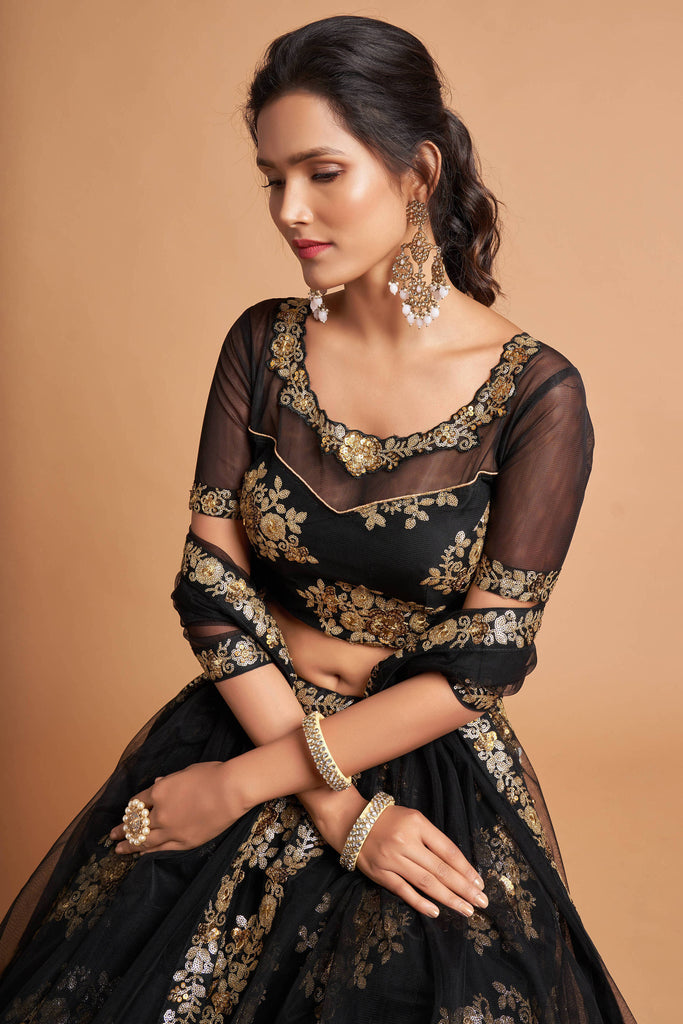 Charming Black Zari Embroidered Net Wedding Wear Lehenga Choli ClothsVilla