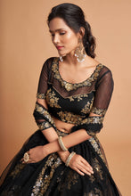 Load image into Gallery viewer, Charming Black Zari Embroidered Net Wedding Wear Lehenga Choli ClothsVilla