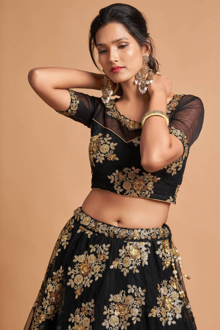 Charming Black Zari Embroidered Net Wedding Wear Lehenga Choli ClothsVilla