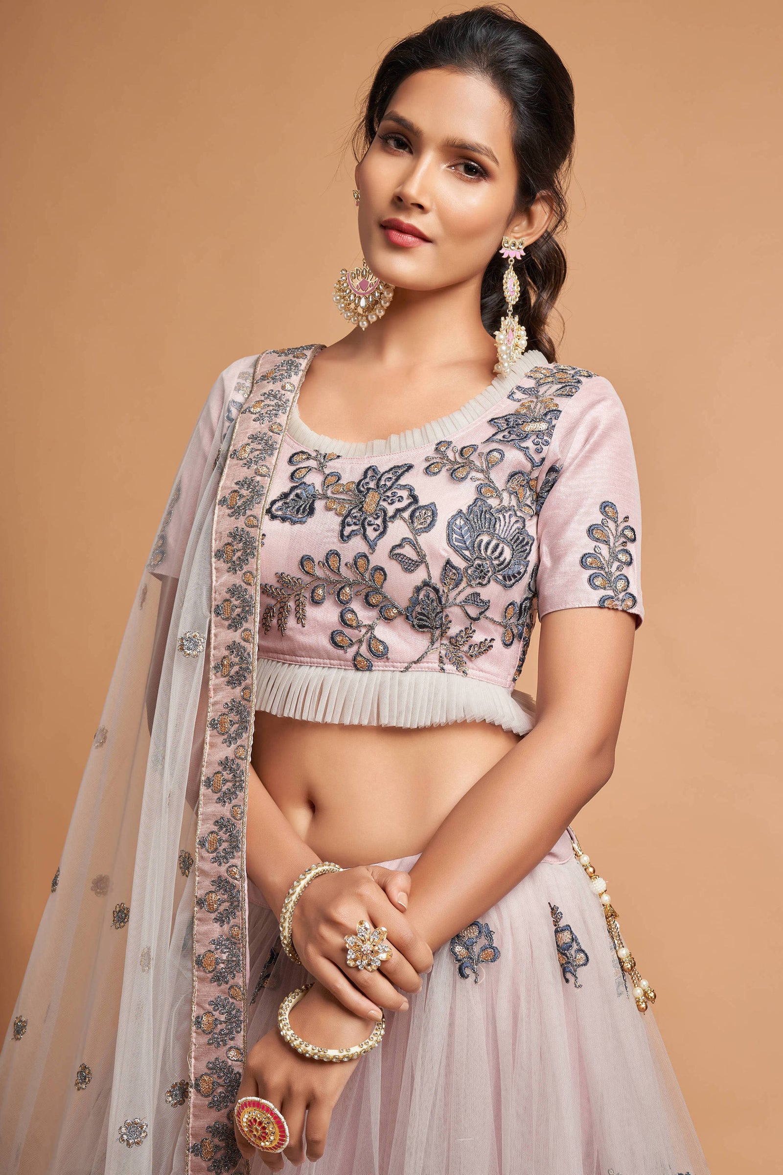 Stunning Grey Zari Embroidered Net Wedding Wear Lehenga Choli ClothsVilla