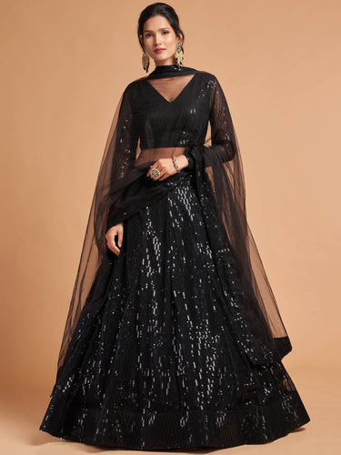 Shocking Black Sequence Embroidered Party Wear Net Lehenga Choli ClothsVilla