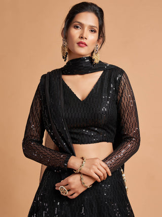 Shocking Black Sequence Embroidered Party Wear Net Lehenga Choli ClothsVilla