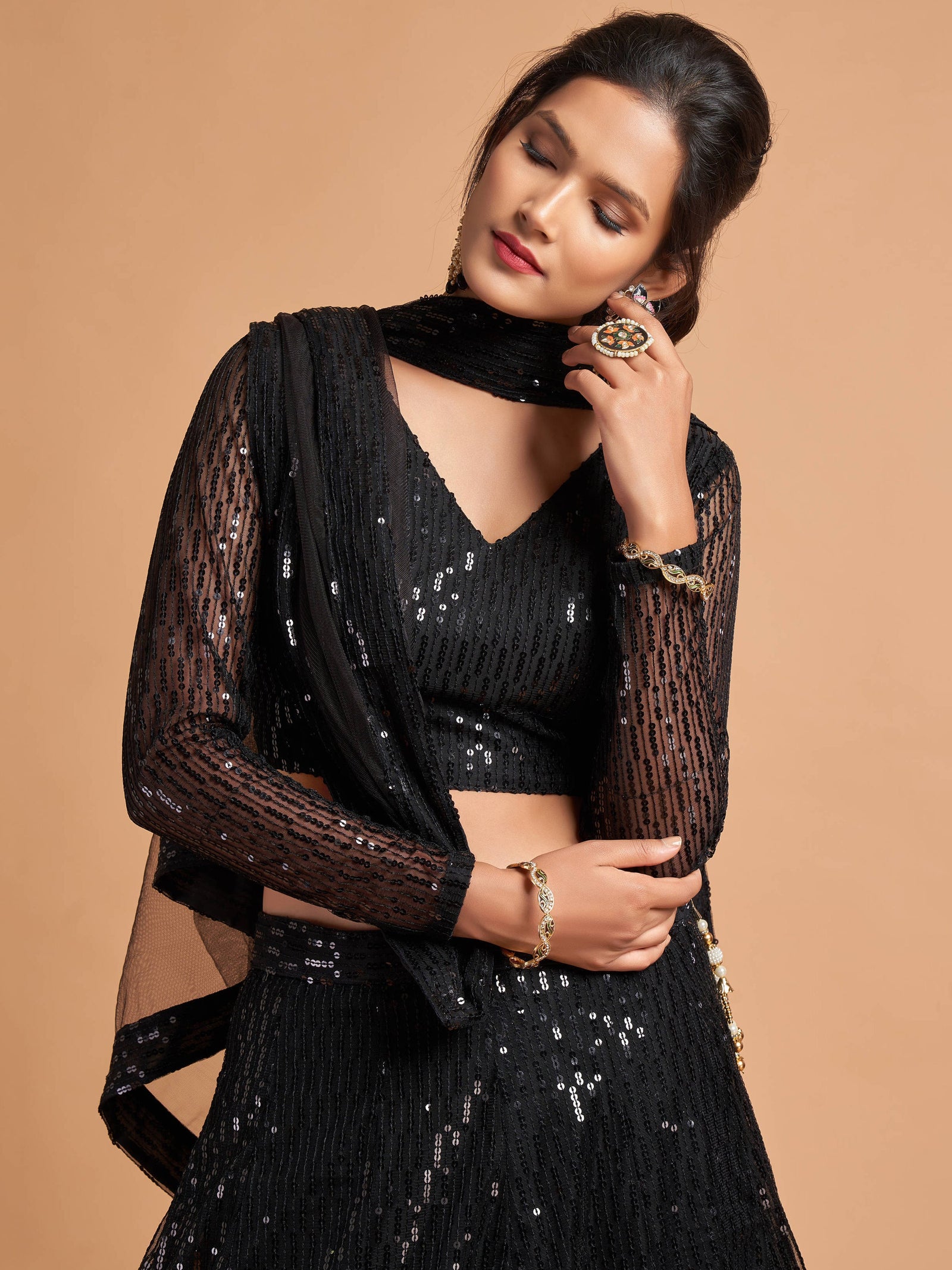 Shocking Black Sequence Embroidered Party Wear Net Lehenga Choli ClothsVilla