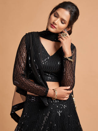 Shocking Black Sequence Embroidered Party Wear Net Lehenga Choli ClothsVilla