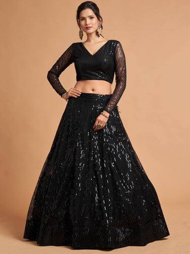 Shocking Black Sequence Embroidered Party Wear Net Lehenga Choli ClothsVilla