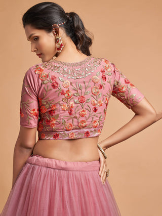 Miraculous Dusty Pink Thread Embroidery Net Party wear Lehenga Choli ClothsVilla