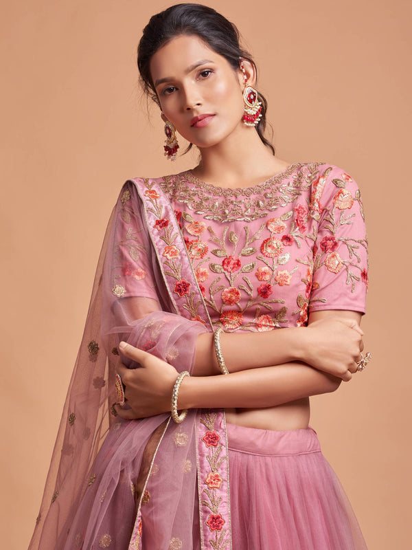 Miraculous Dusty Pink Thread Embroidery Net Party wear Lehenga Choli ClothsVilla