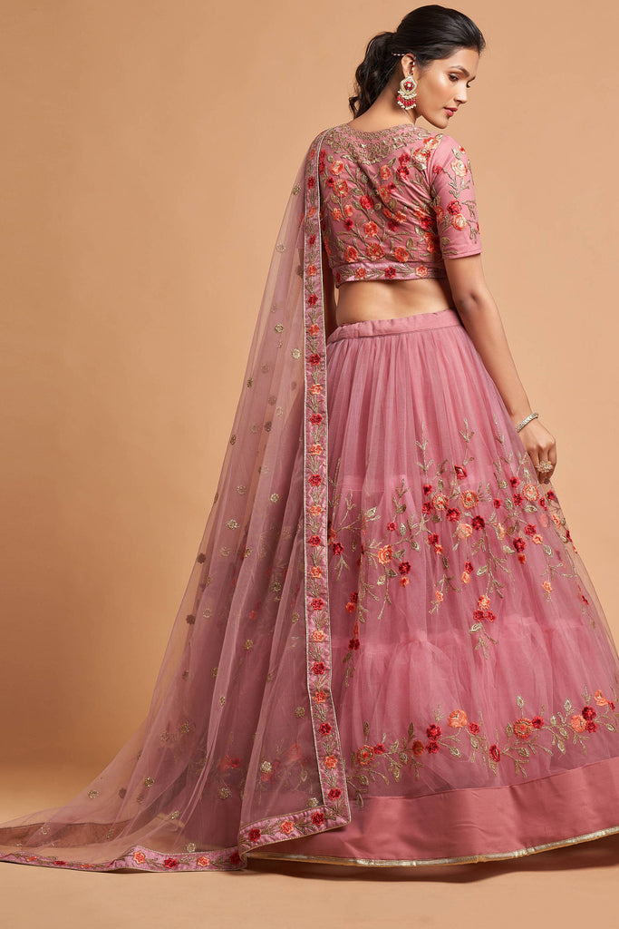 Miraculous Dusty Pink Thread Embroidery Net Party wear Lehenga Choli ClothsVilla