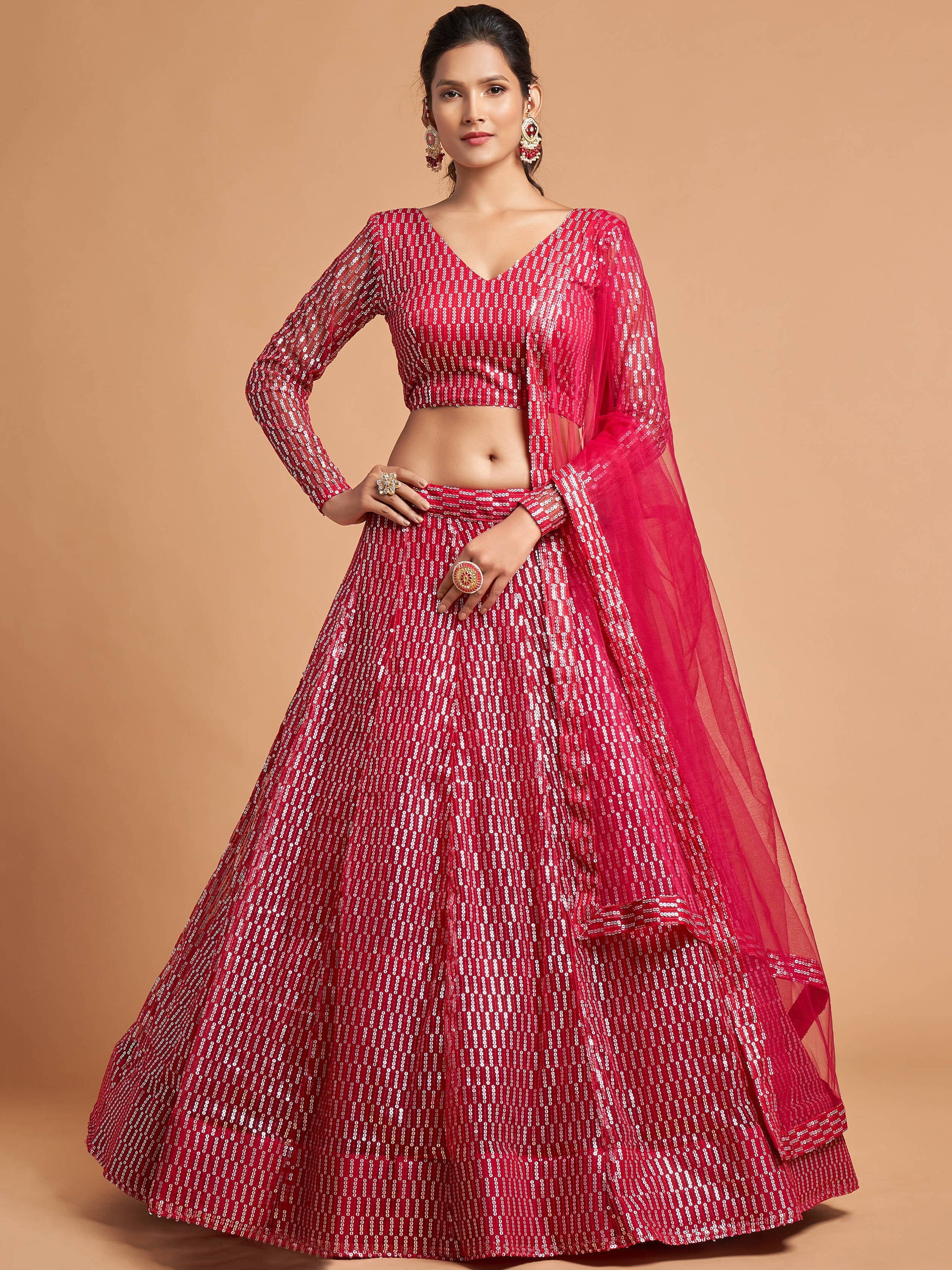 Luxurious Hot Pink Thread Embroidery Net Party wear Lehenga Choli ClothsVilla Main image