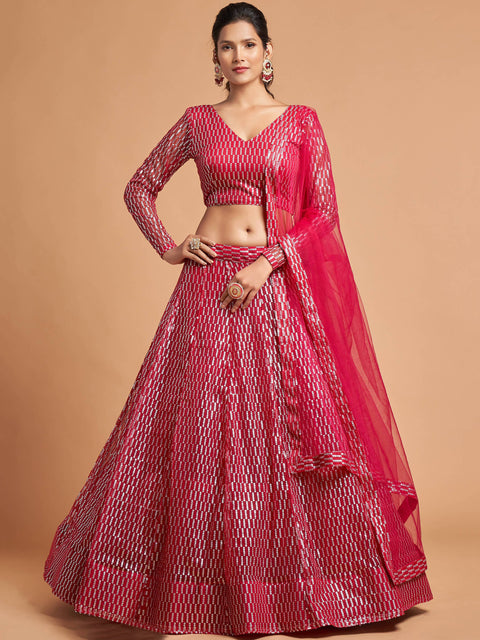 Luxurious Hot Pink Thread Embroidery Net Party wear Lehenga Choli ClothsVilla Main image