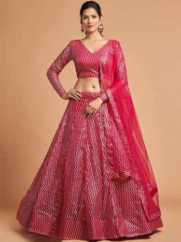 Luxurious Hot Pink Thread Embroidery Net Party wear Lehenga Choli ClothsVilla