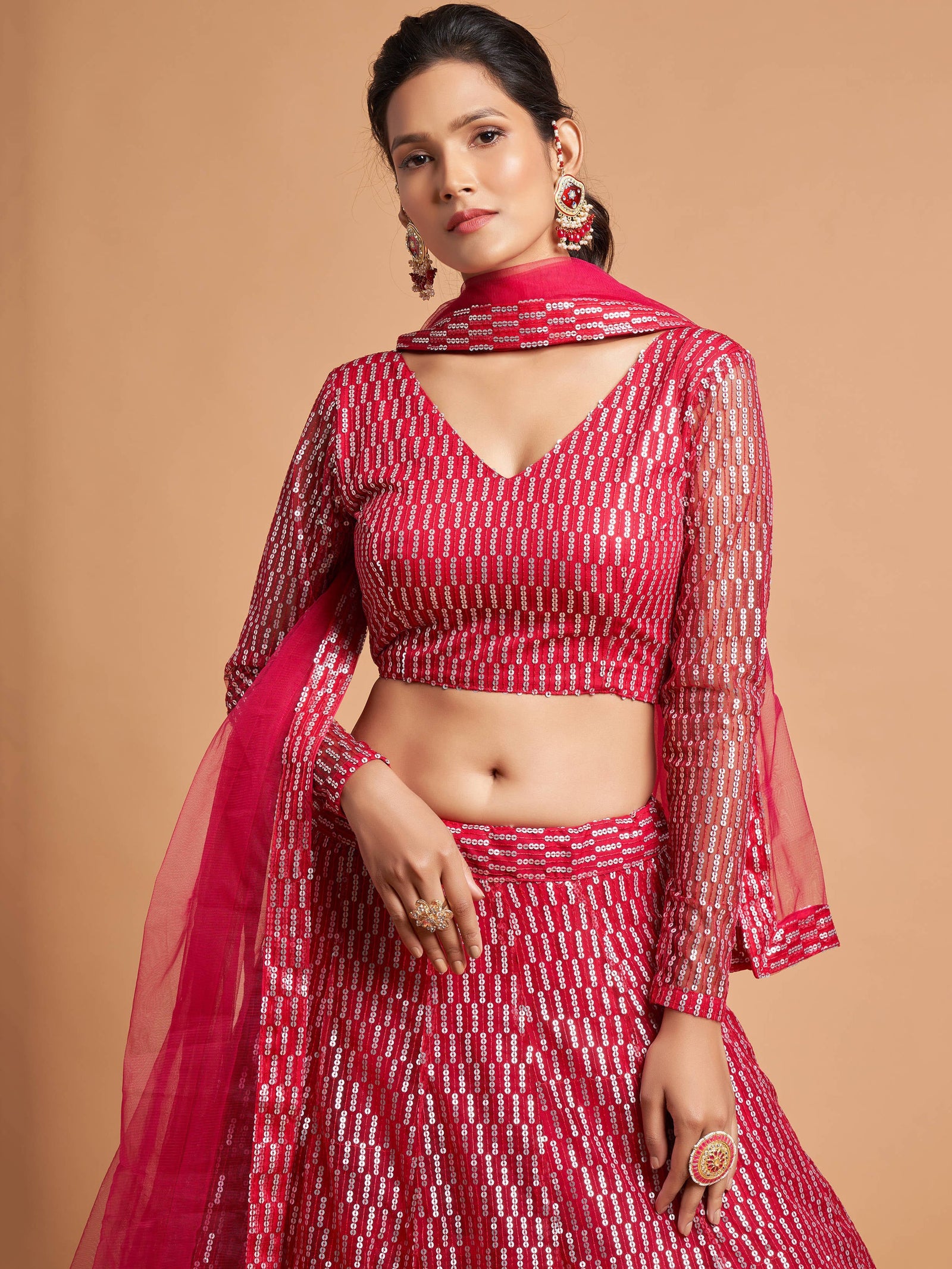 Luxurious Hot Pink Thread Embroidery Net Party wear Lehenga Choli ClothsVilla