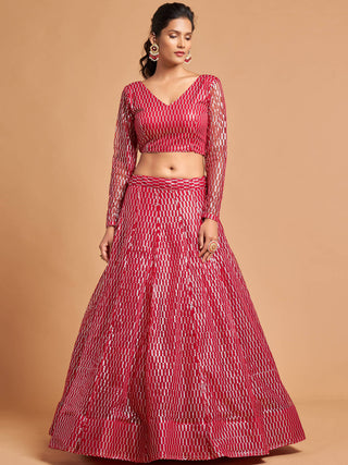Luxurious Hot Pink Thread Embroidery Net Party wear Lehenga Choli ClothsVilla