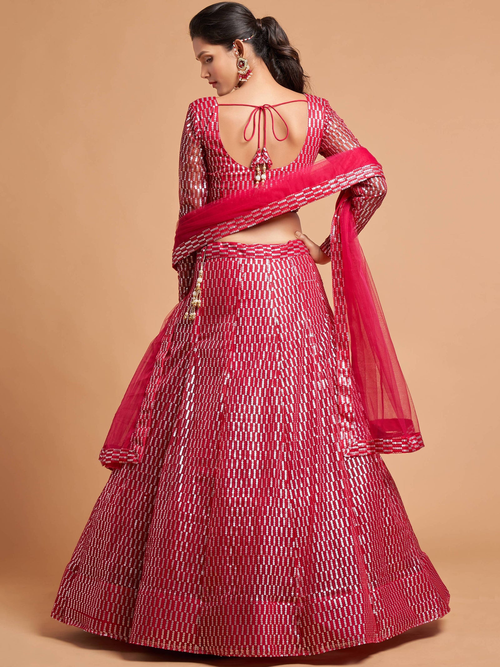 Luxurious Hot Pink Thread Embroidery Net Party wear Lehenga Choli ClothsVilla