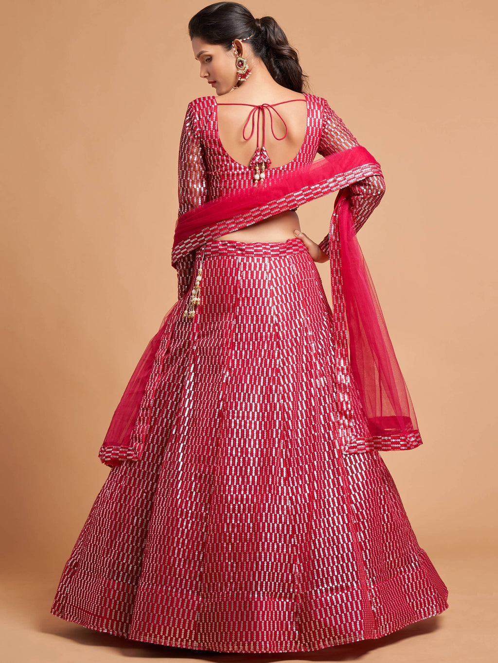 Luxurious Hot Pink Thread Embroidery Net Party wear Lehenga Choli ClothsVilla