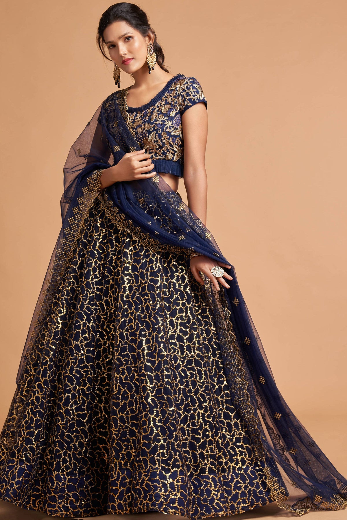 Classy Navy Blue Thread Embroidery Net Party Wear Lehenga Choli ClothsVilla