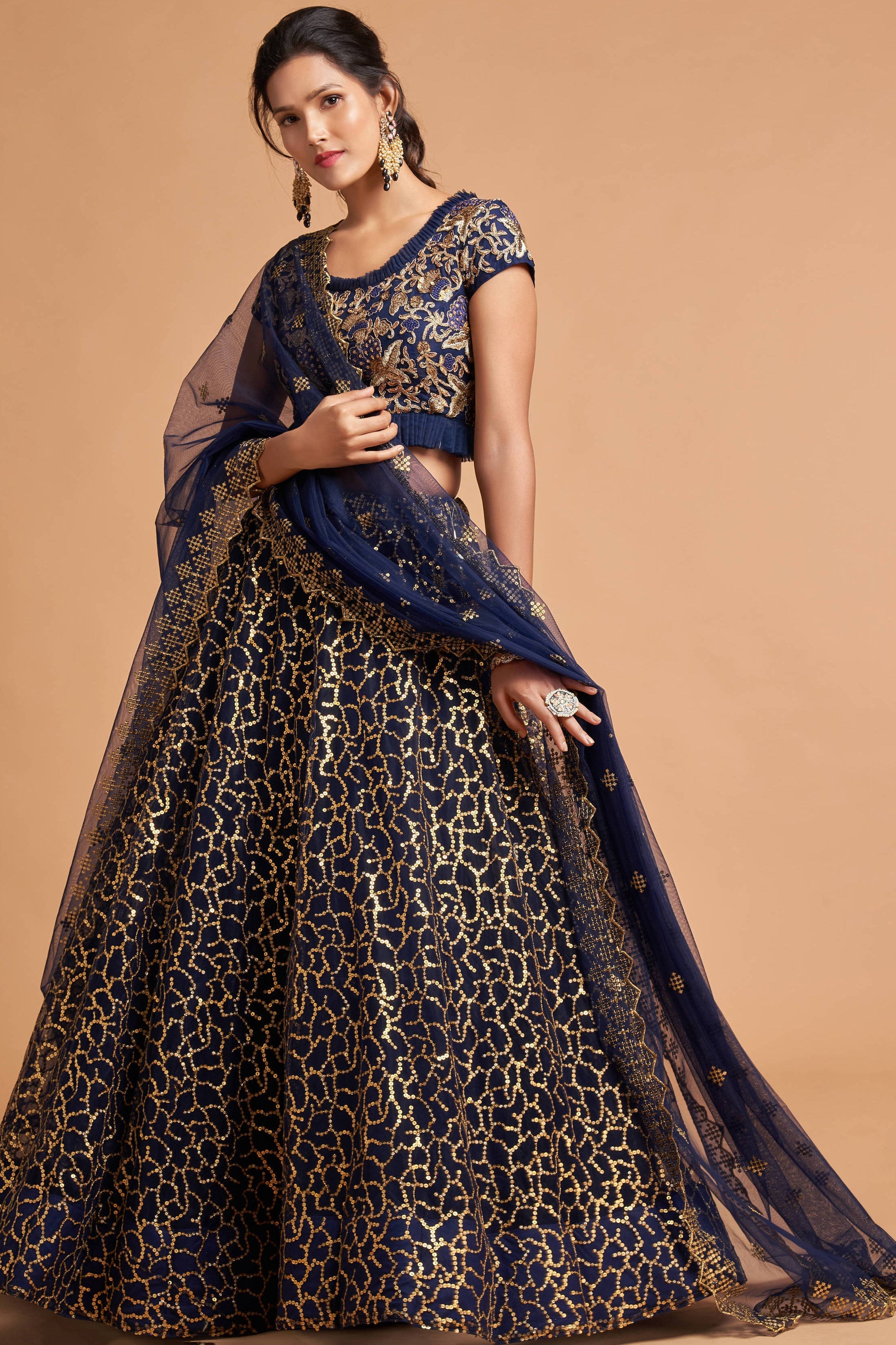 Classy Navy Blue Thread Embroidery Net Party Wear Lehenga Choli ClothsVilla Main image