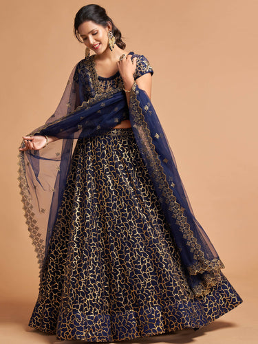 Classy Navy Blue Thread Embroidery Net Party Wear Lehenga Choli ClothsVilla