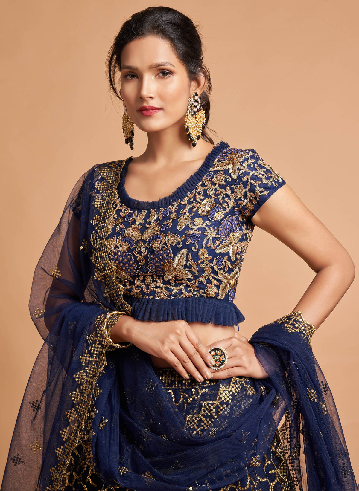 Classy Navy Blue Thread Embroidery Net Party Wear Lehenga Choli ClothsVilla