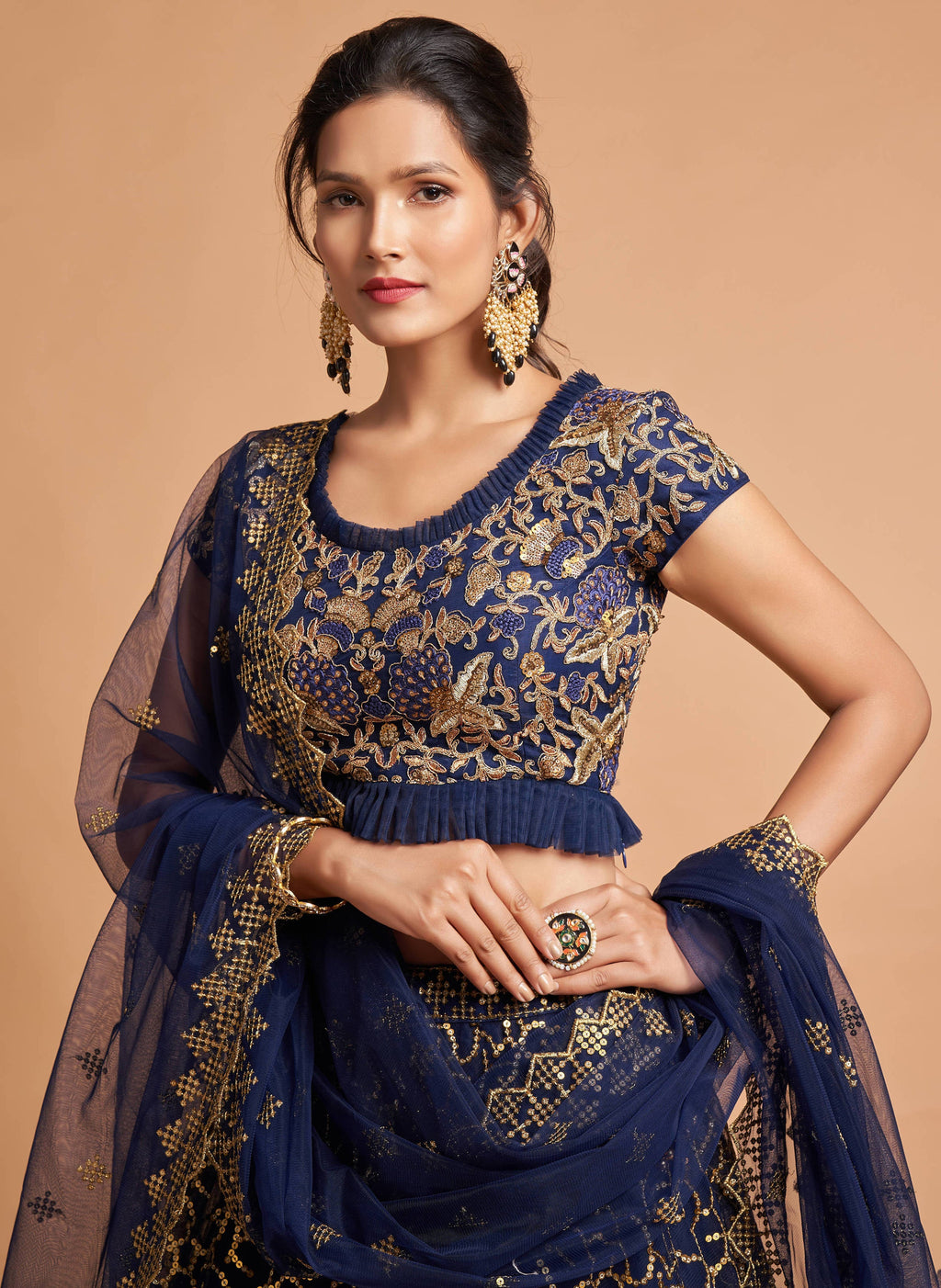 Classy Navy Blue Thread Embroidery Net Party Wear Lehenga Choli ClothsVilla