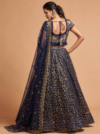 Classy Navy Blue Thread Embroidery Net Party Wear Lehenga Choli ClothsVilla