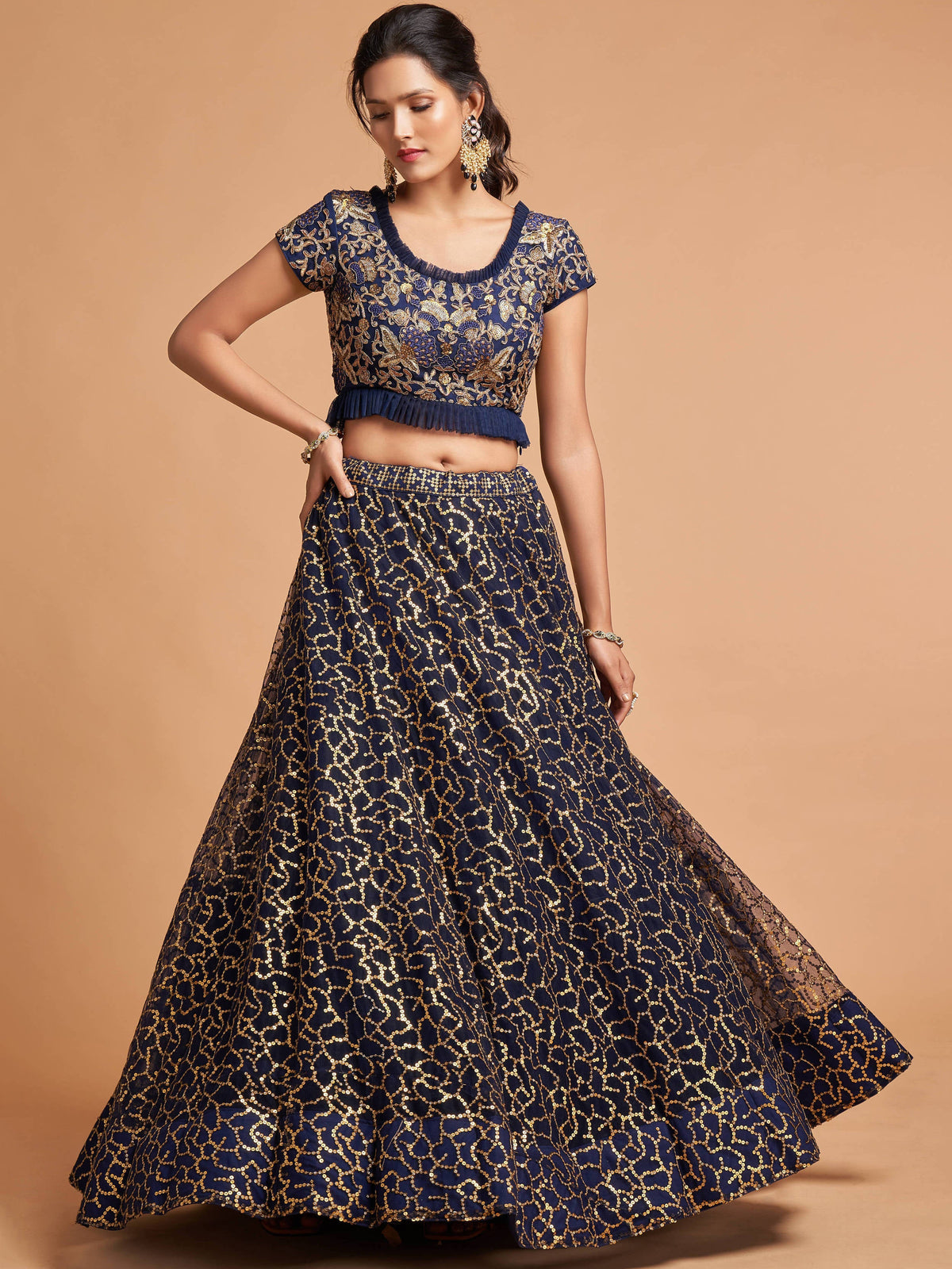Classy Navy Blue Thread Embroidery Net Party Wear Lehenga Choli ClothsVilla