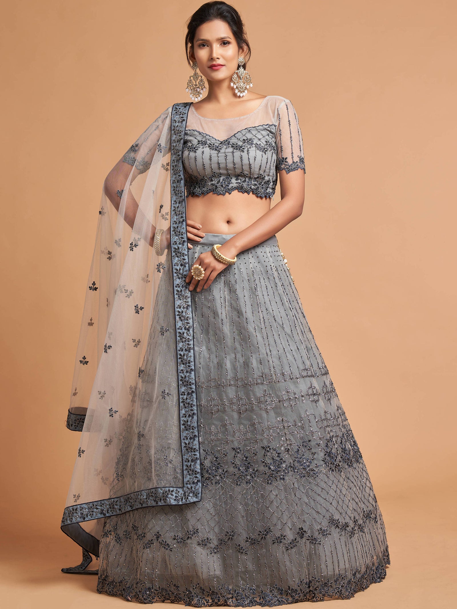 Unique Grey Zari Embroidery Party Wear Net Lehenga Choli ClothsVilla
