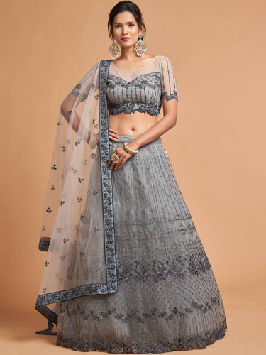 Unique Grey Zari Embroidery Party Wear Net Lehenga Choli ClothsVilla