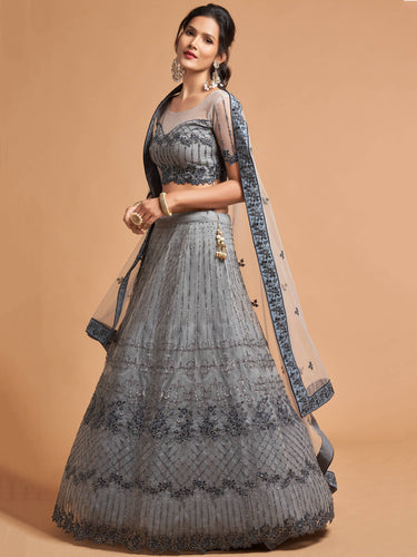 Unique Grey Zari Embroidery Party Wear Net Lehenga Choli ClothsVilla
