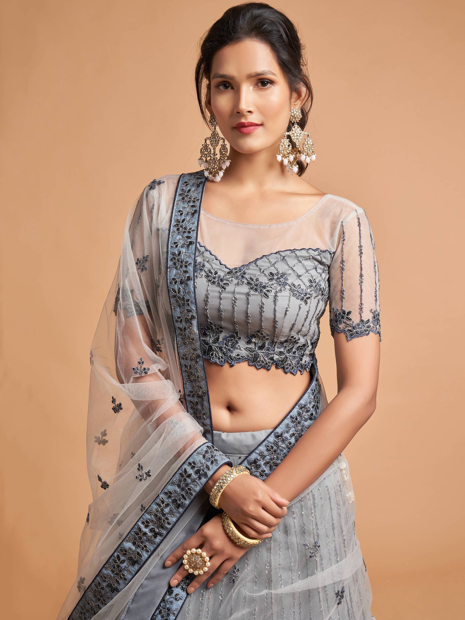 Unique Grey Zari Embroidery Party Wear Net Lehenga Choli ClothsVilla