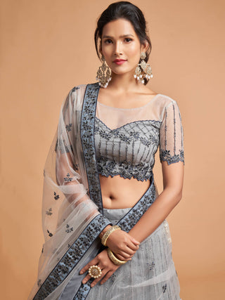 Unique Grey Zari Embroidery Party Wear Net Lehenga Choli ClothsVilla
