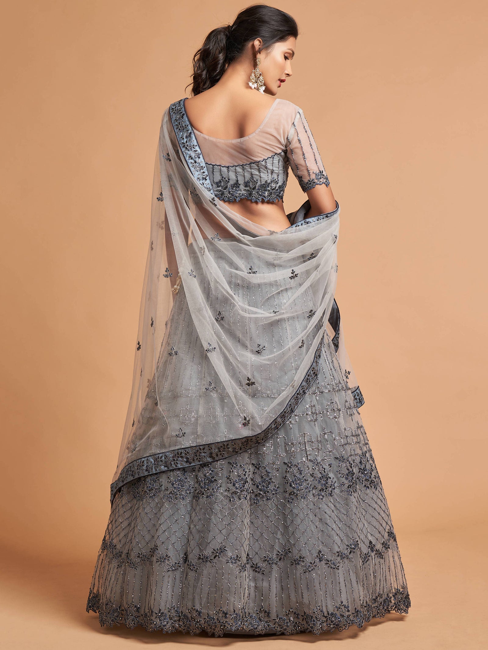 Unique Grey Zari Embroidery Party Wear Net Lehenga Choli ClothsVilla