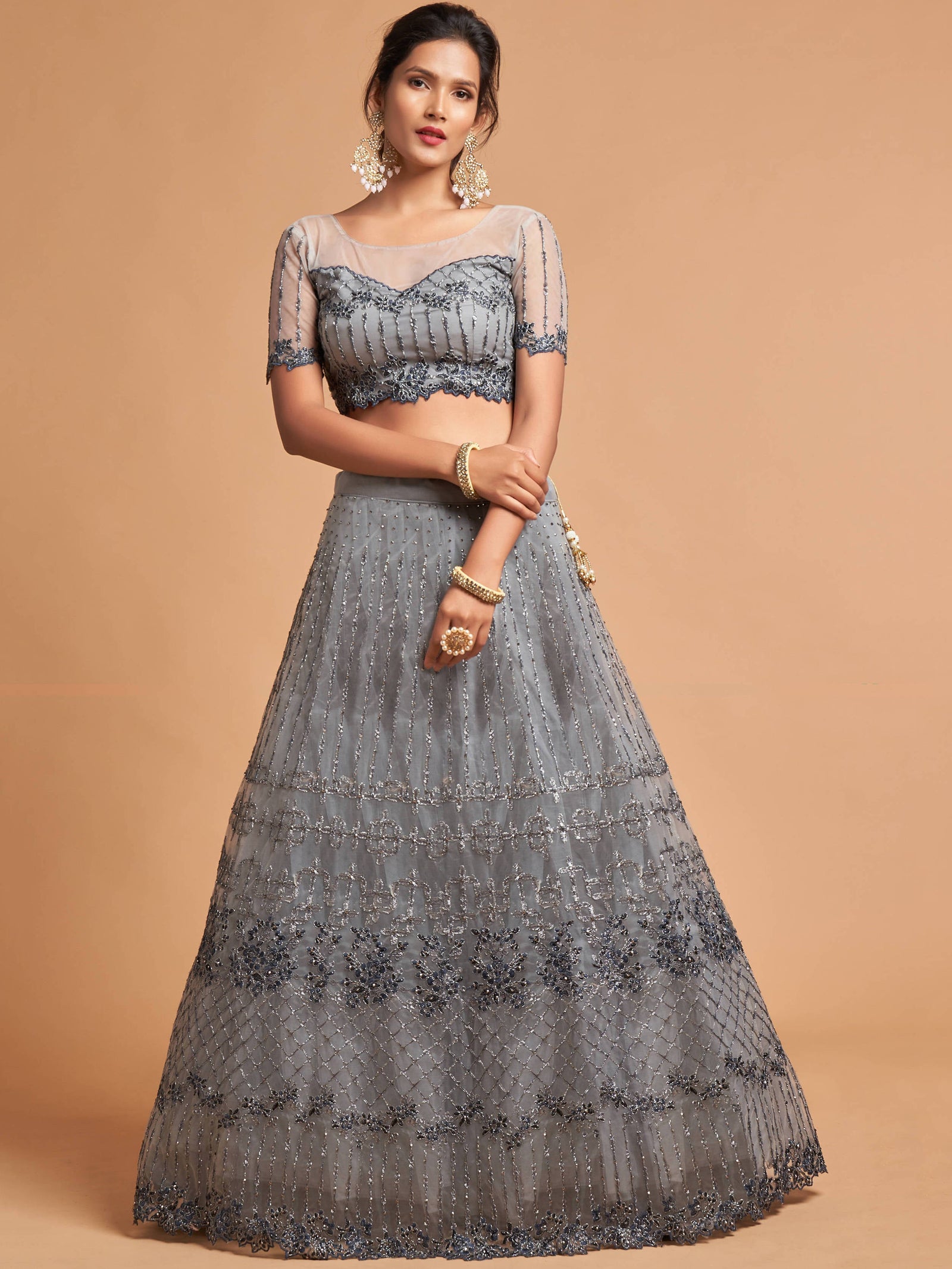 Unique Grey Zari Embroidery Party Wear Net Lehenga Choli ClothsVilla