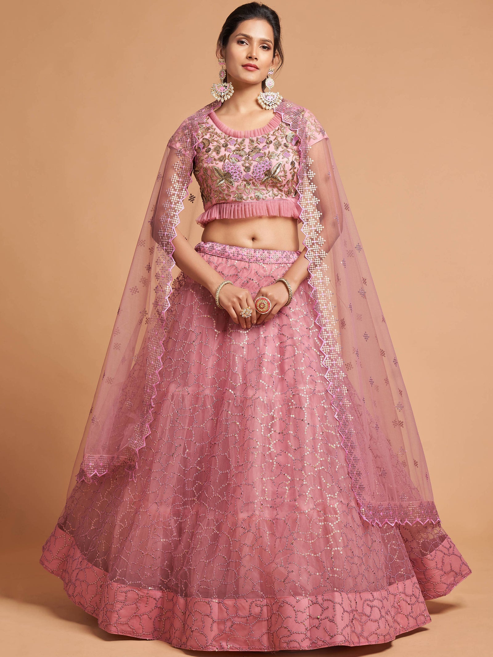 Blush Pink Thread Embroidery Net Party Wear Lehenga Choli ClothsVilla