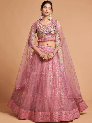 Blush Pink Thread Embroidery Net Party Wear Lehenga Choli ClothsVilla