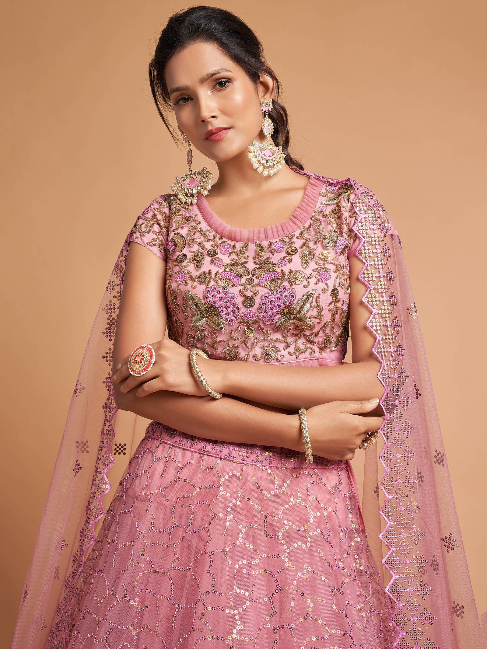 Blush Pink Thread Embroidery Net Party Wear Lehenga Choli ClothsVilla