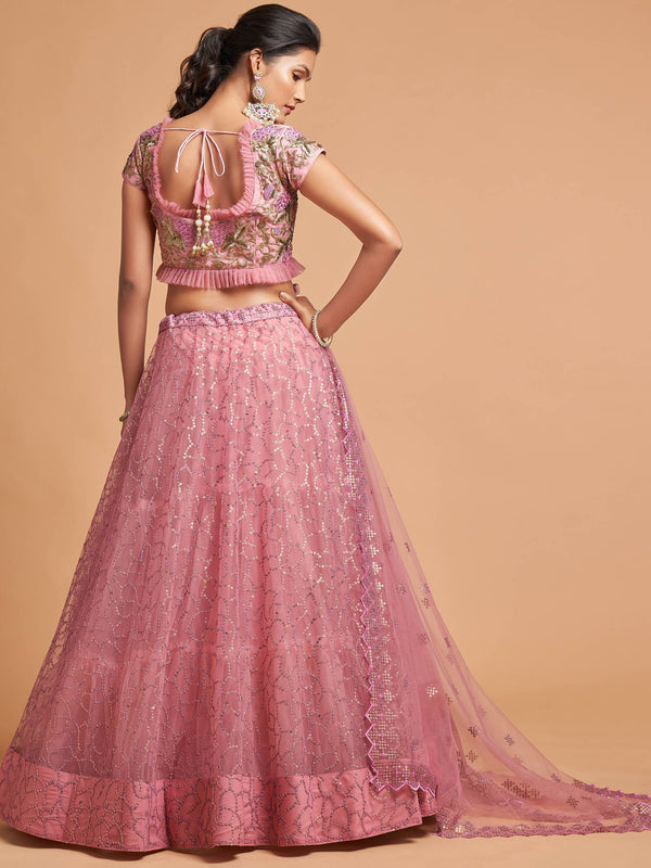 Blush Pink Thread Embroidery Net Party Wear Lehenga Choli ClothsVilla