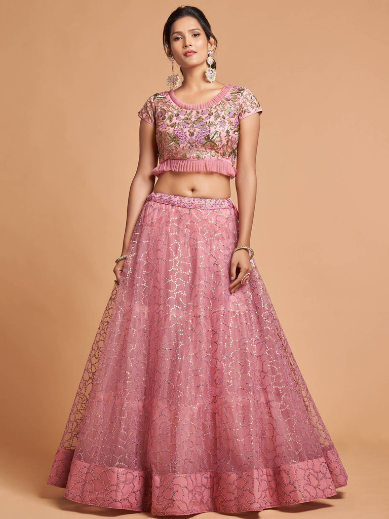 Luxurious Hot Pink Thread Embroidery Net Party wear Lehenga