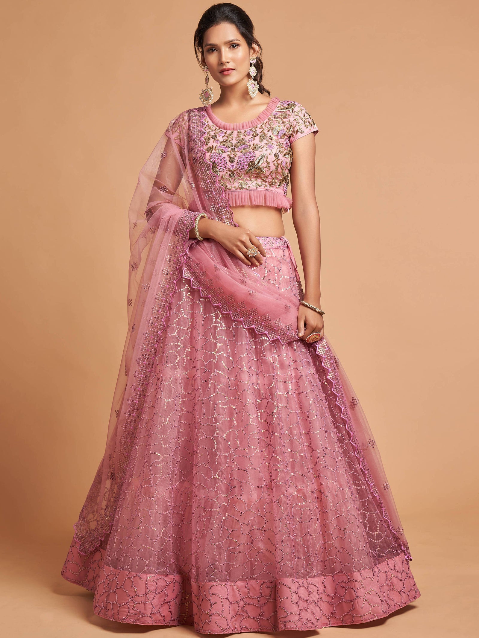 Blush Pink Thread Embroidery Net Party Wear Lehenga Choli ClothsVilla