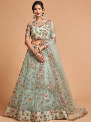 Alluring Sky Blue Thread Embroidery Party Wear Net Lehenga Choli ClothsVilla