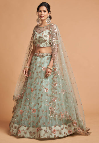 Alluring Sky Blue Thread Embroidery Party Wear Net Lehenga Choli ClothsVilla