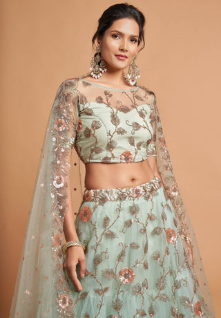 Alluring Sky Blue Thread Embroidery Party Wear Net Lehenga Choli ClothsVilla