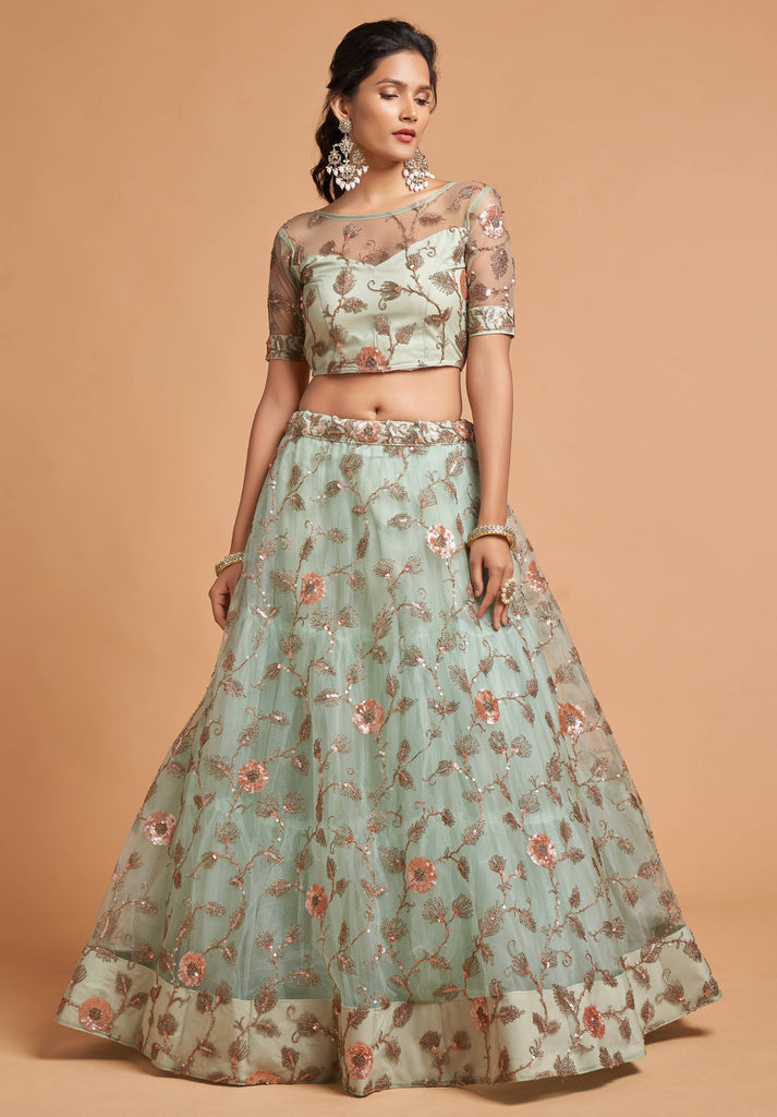 Alluring Sky Blue Thread Embroidery Party Wear Net Lehenga Choli ClothsVilla