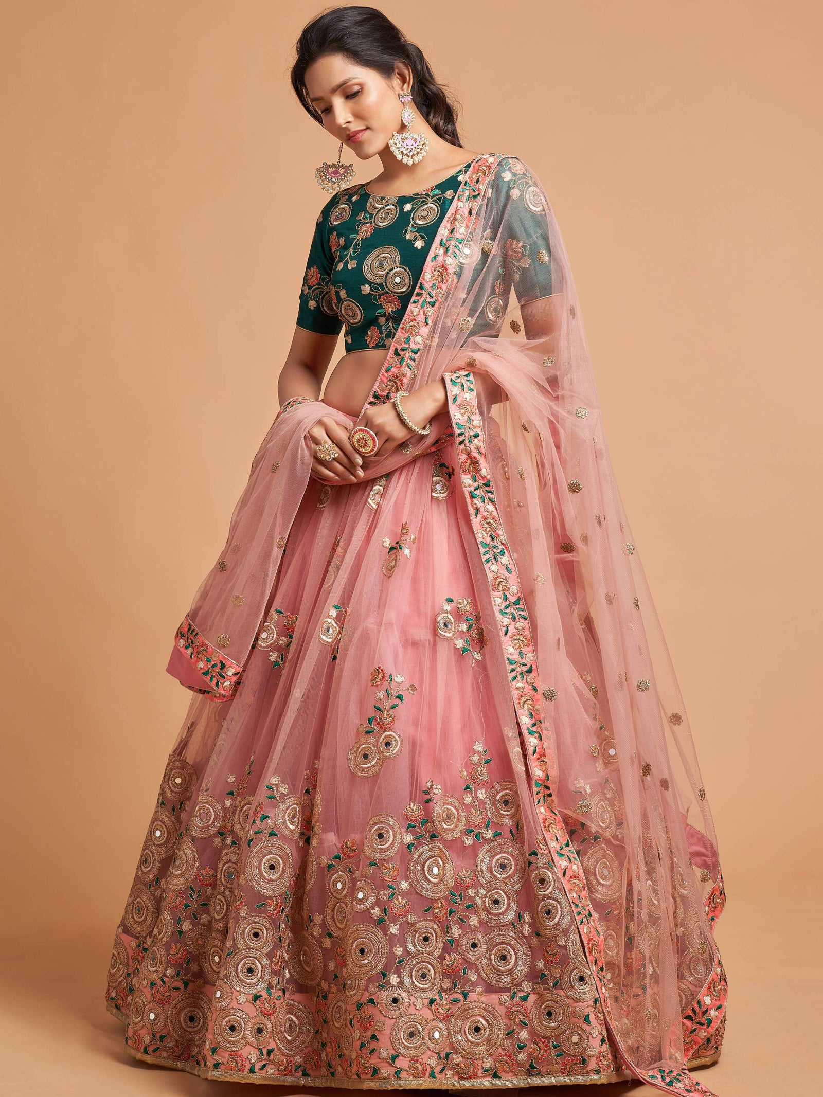 Lovely Peach Mirror work Soft Net Party Wear Lehenga Choli ClothsVilla