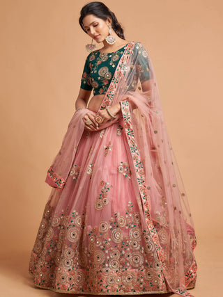 Lovely Peach Mirror work Soft Net Party Wear Lehenga Choli ClothsVilla